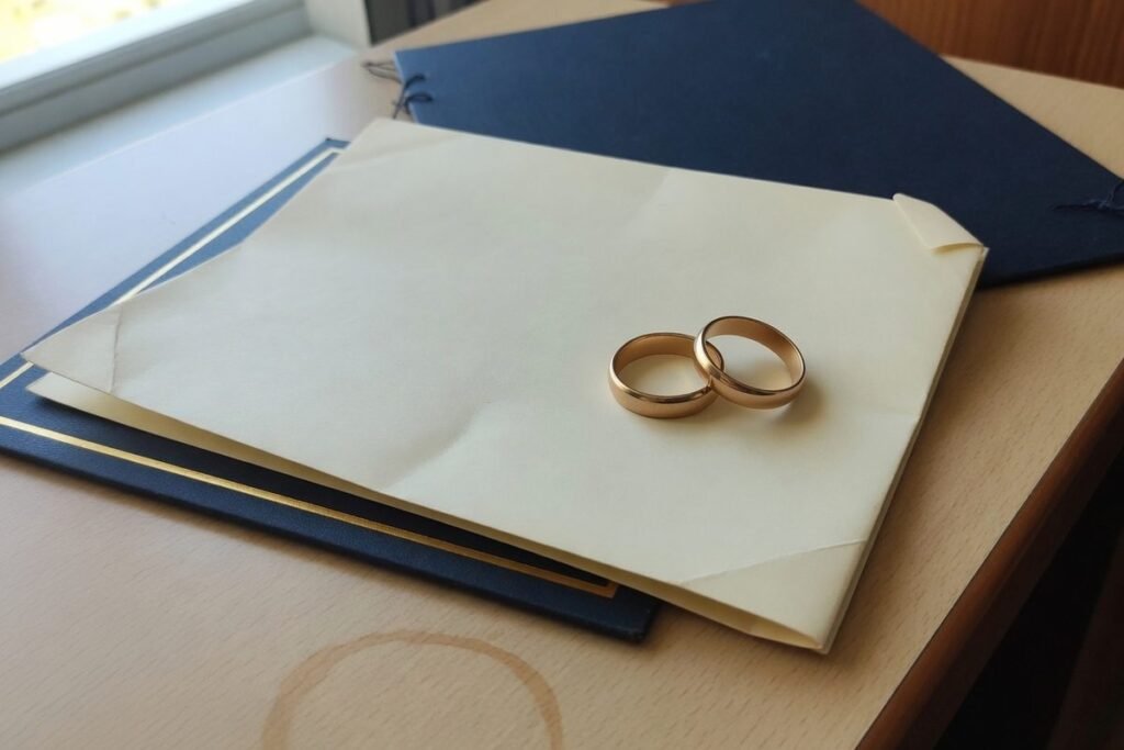 Duas aliancas sobre documento em mesa de escritorio: divorcio consensual ou litigioso