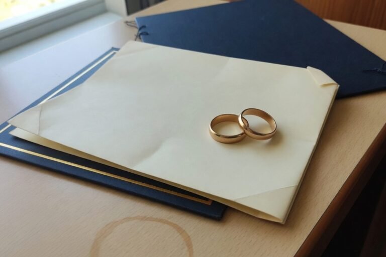 Duas aliancas sobre documento em mesa de escritorio: divorcio consensual ou litigioso