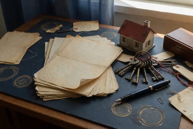 Documentos, chaves e casa em miniatura sobre mesa de cartorio: inventario judicial ou extrajudicial