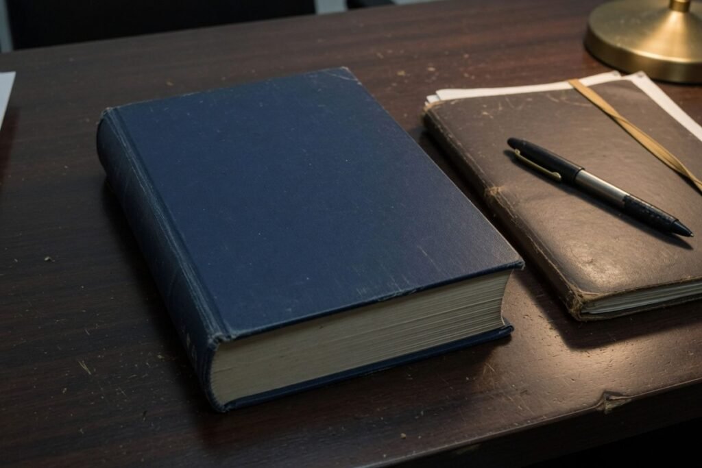 Livro juridico fechado e pasta sobre mesa de escritorio: prisao em flagrante